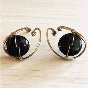 Vintage Barbara Barnett Hooker Earrings 14k Gold Filled Onyx